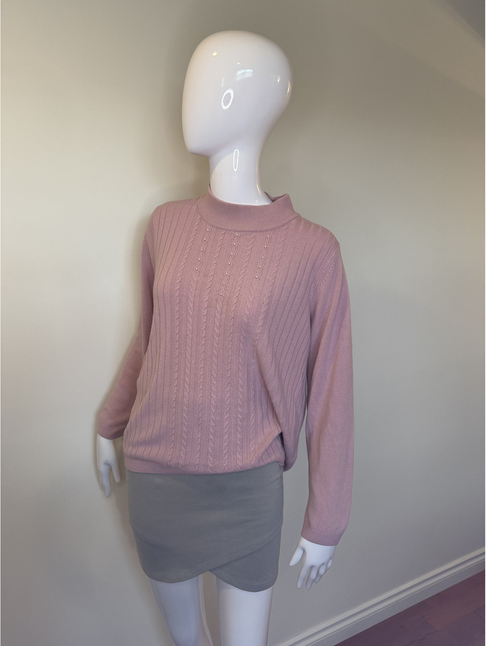 Alia Petites Pink Cable Knit Pearl Embellished Sweater